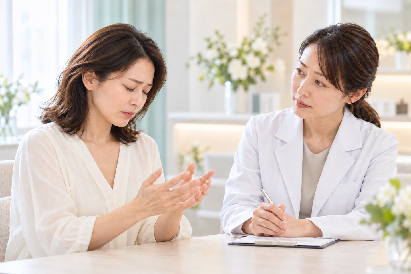 目を閉じてうつむく女性と、真剣に話を聞く女性医師のイメージ