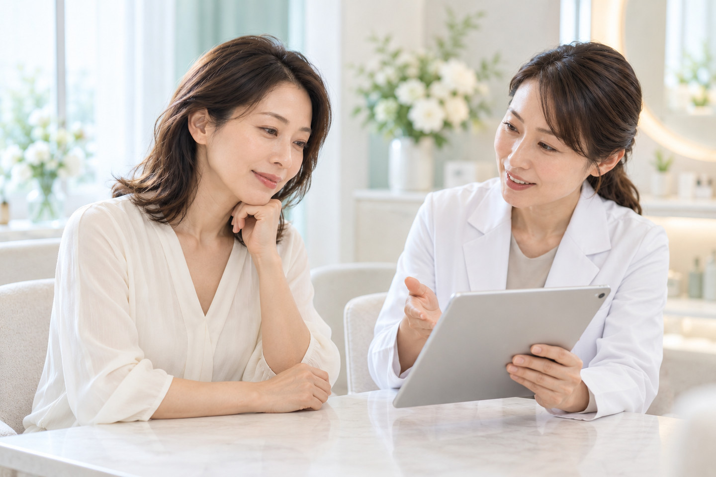 女性医師から治療の説明を受ける女性のイメージ